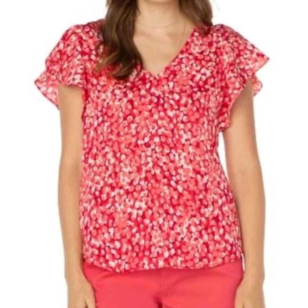 Liverpool Red and Pink Floral Blouse Size S Flutter Sleeve V-neck Loose Fit